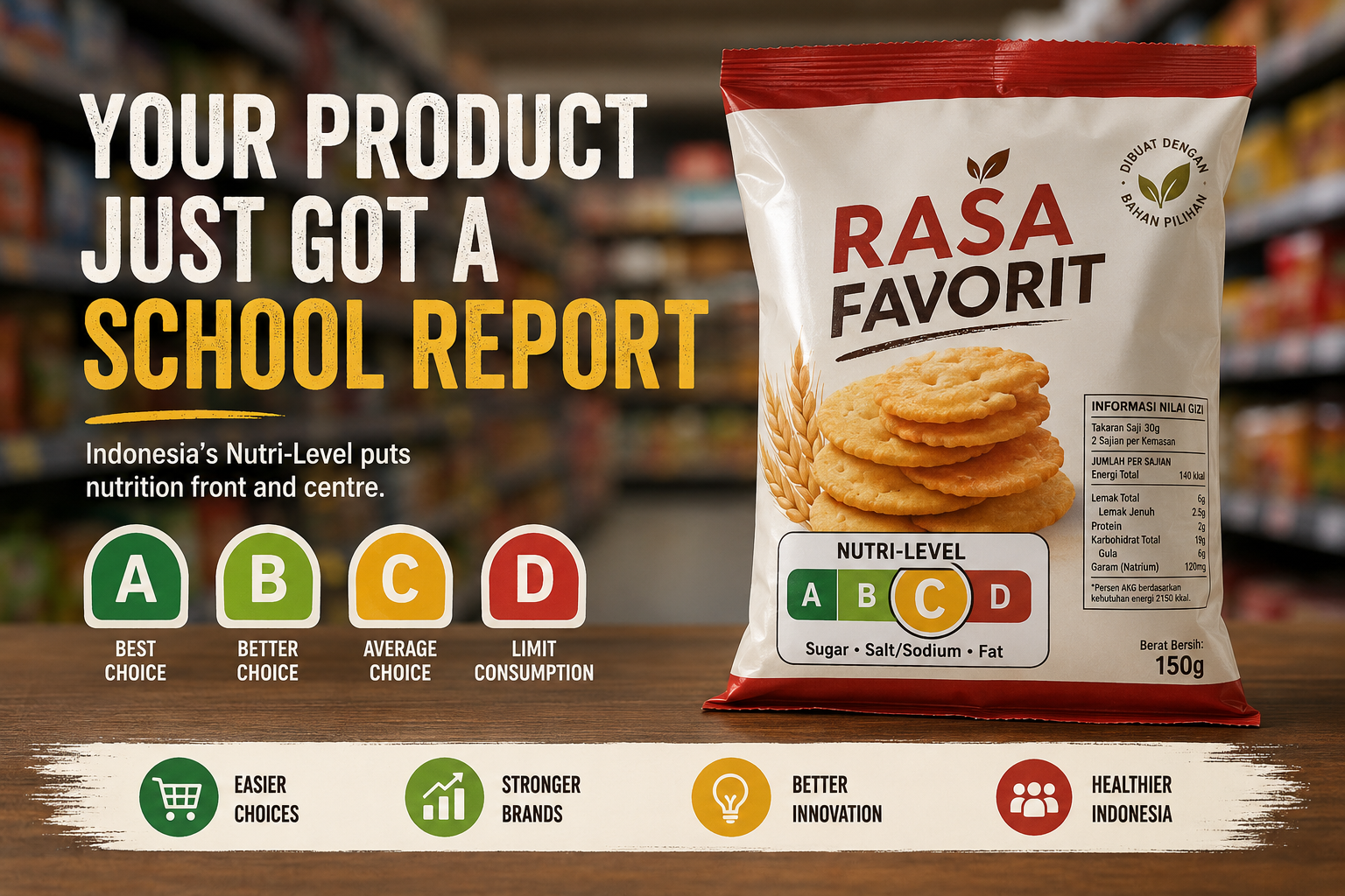 Illustration of packaged food products with Nutri-Level front-of-pack nutritional grades from A to D in Indonesia.