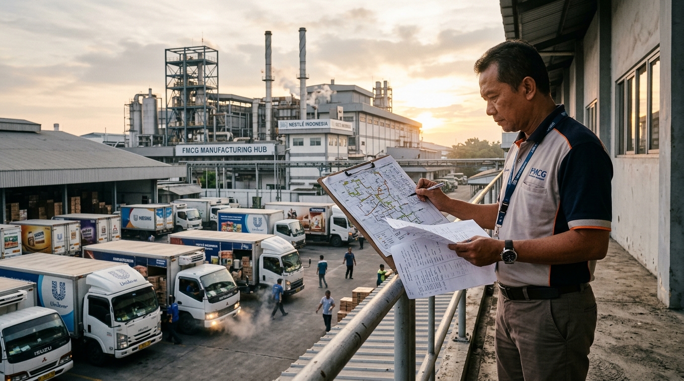 FMCG Area Sales Manager reviewing territory route plans outside a consumer goods distributor warehouse and factory hub at dawn.