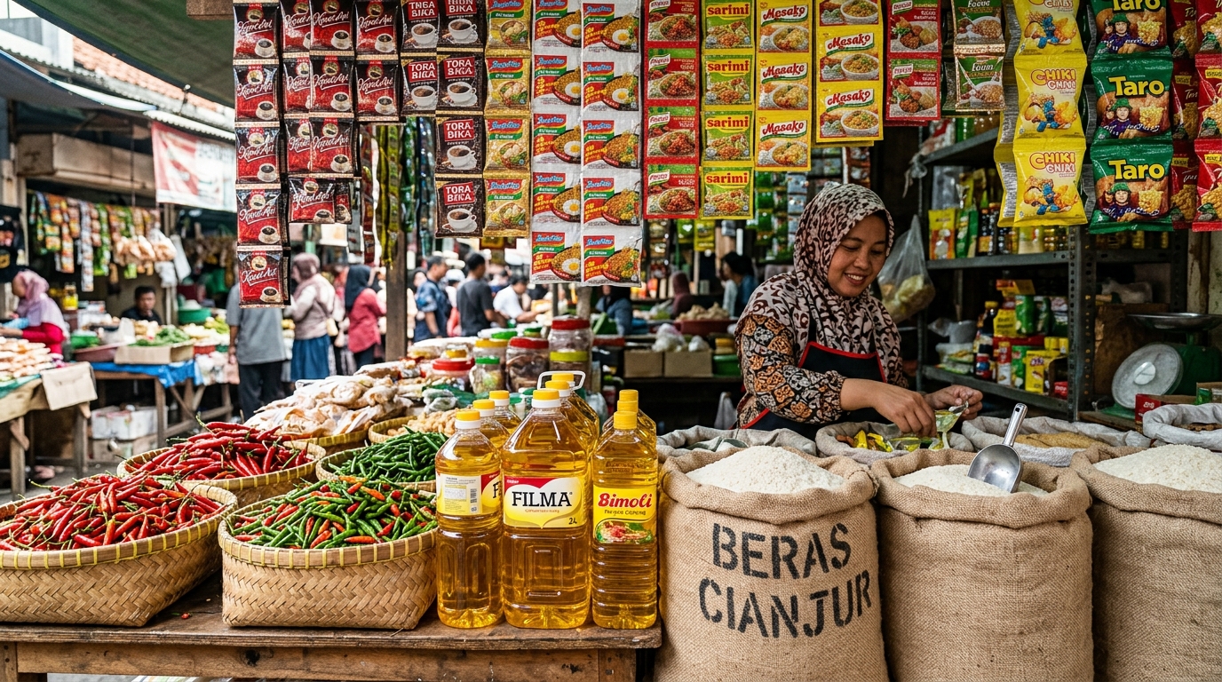 Fresh Indonesian staple commodities including red chillies, rice, and cooking oil alongside FMCG packaged food sachets at an Indonesian market stall
