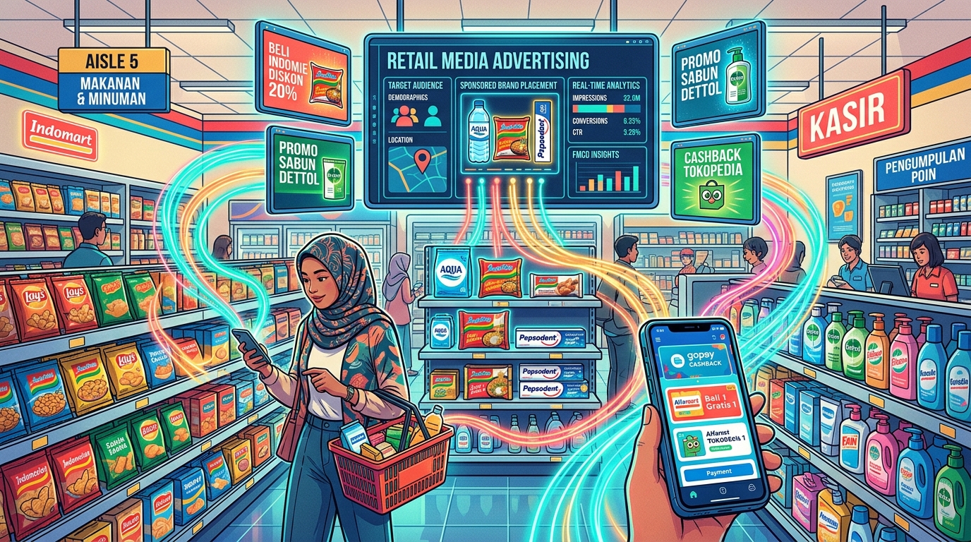 Illustration of the modern FMCG retail media ecosystem connecting shopper data, supermarket loyalty apps, and digital brand advertising.