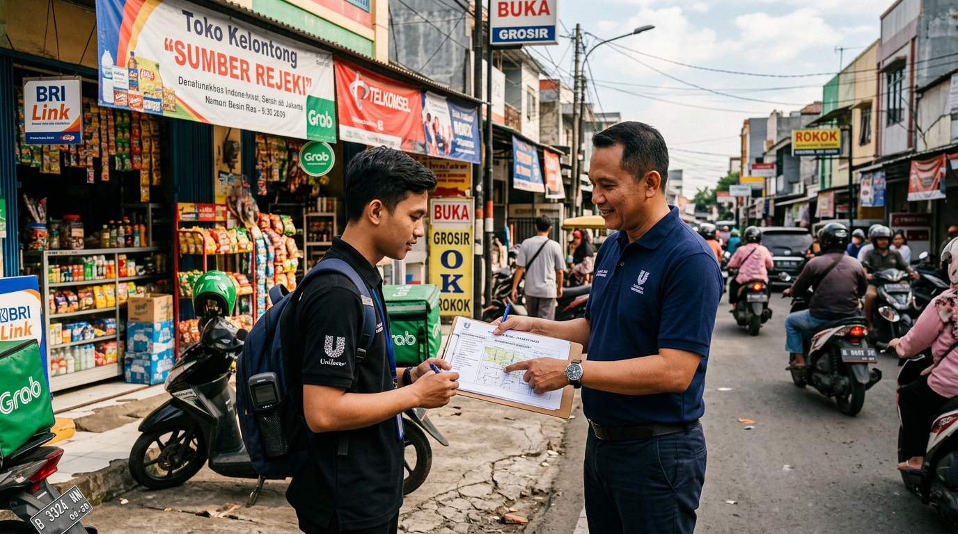 FMCG Area Sales Supervisor coaching a field salesperson outside an Indonesian retail store with route sheet