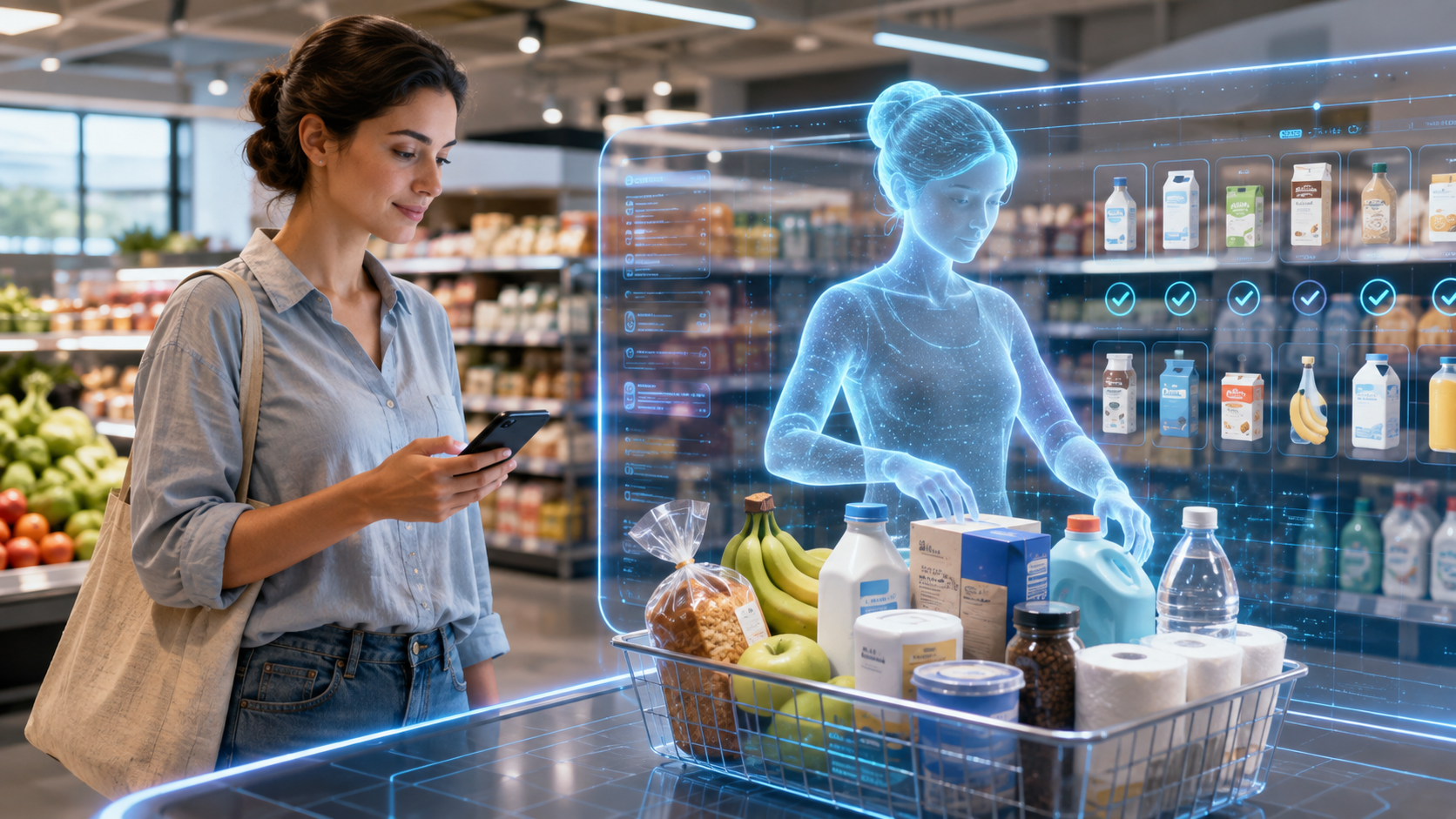 Illustration showing an AI agent shopping for groceries while a consumer relaxes, demonstrating agentic commerce.