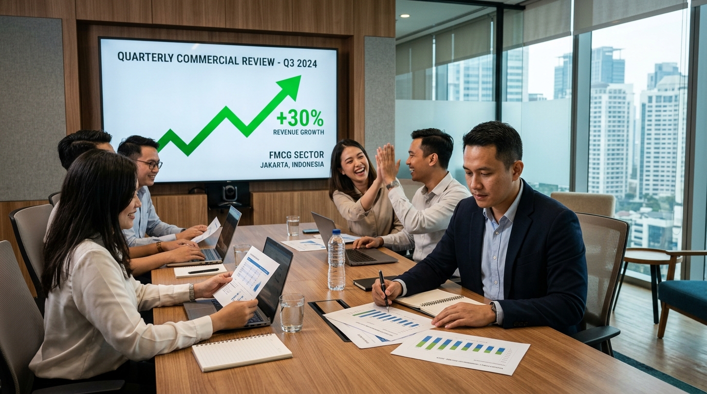 FMCG executive commercial review in Jakarta discussing 30% revenue growth versus physical unit volume and contribution margin