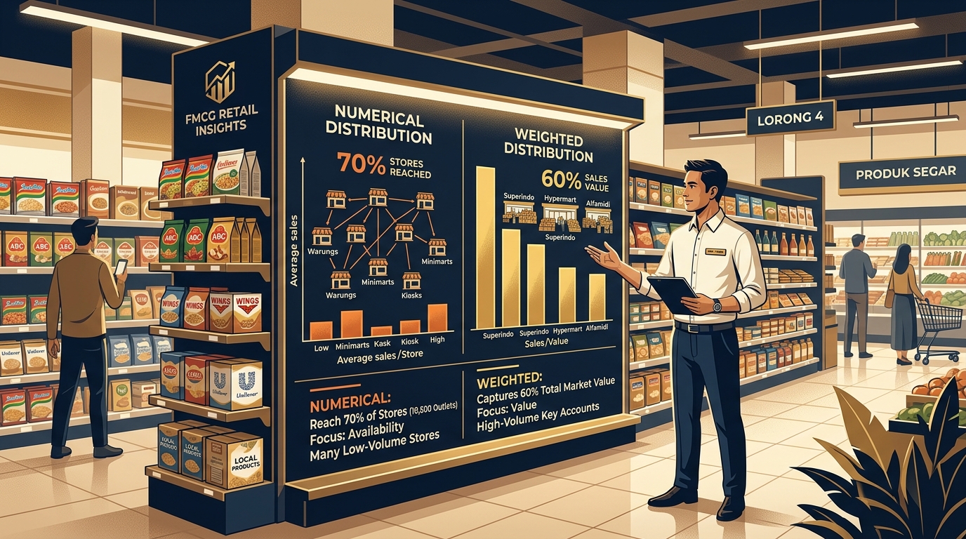 Illustration comparing numerical distribution and weighted distribution across FMCG retail stores and supermarkets