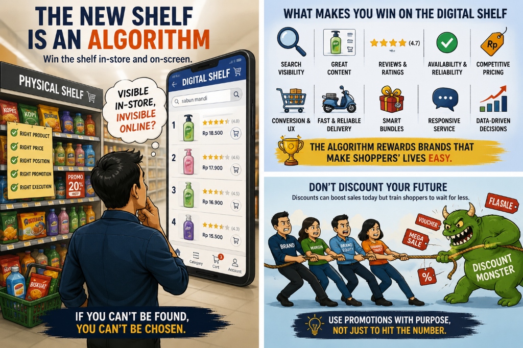 Illustration showing a physical retail shelf next to a digital marketplace shelf on a smartphone screen, showcasing visible in-store vs invisible online concept.