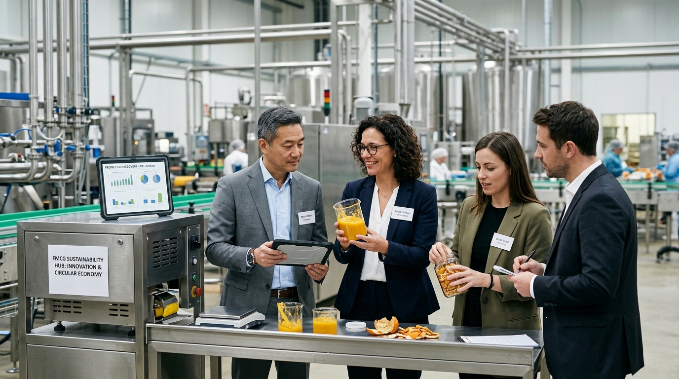 FMCG finance and innovation executives examining fruit pulp and food-production side streams as potential ingredients for new upcycled products.