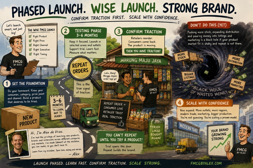 Illustration showing a structured phased FMCG product launch vs a chaotic distribution push