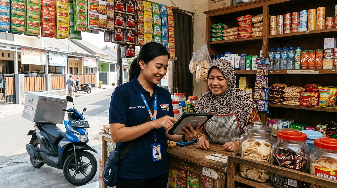 Indonesian FMCG field sales representative consulting with a traditional retail shopkeeper on route profitability and stock orders