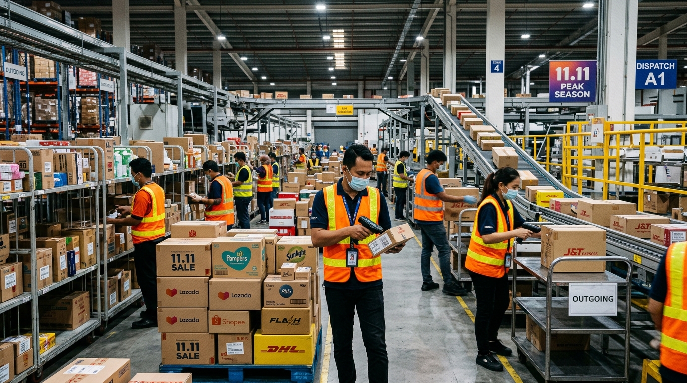 Southeast Asian e-commerce logistics and fulfillment distribution center managing high parcel volumes during the 11.11 mega shopping campaign