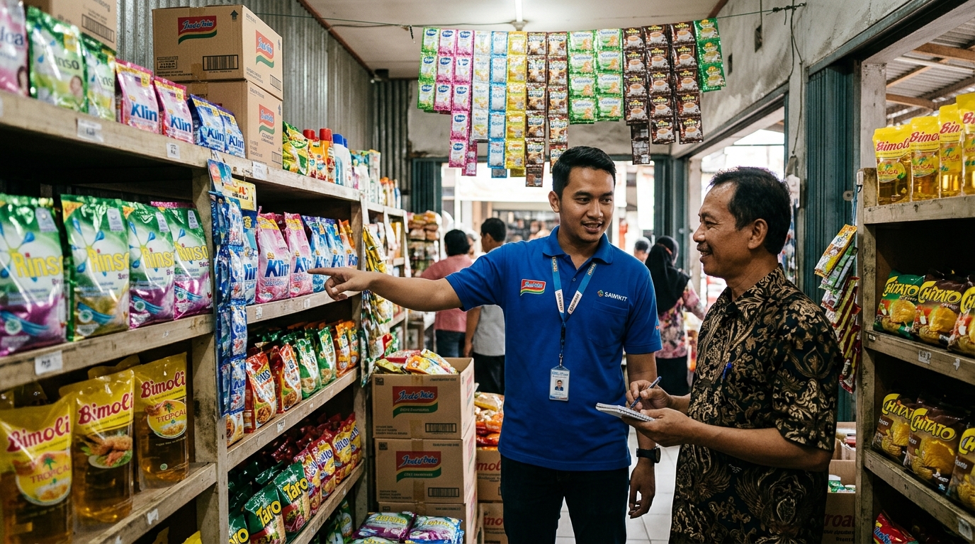 FMCG sales supervisor and traditional trade grocery shopkeeper reviewing product assortment and replenishment in an Indonesian store